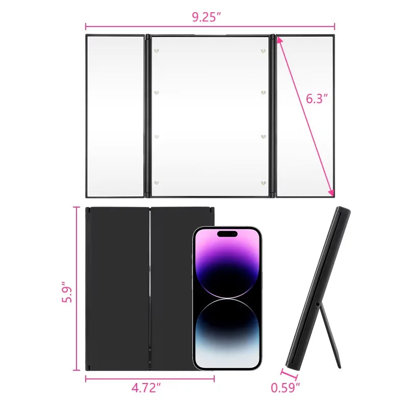 Portable LED Three-Sided Makeup Mirror